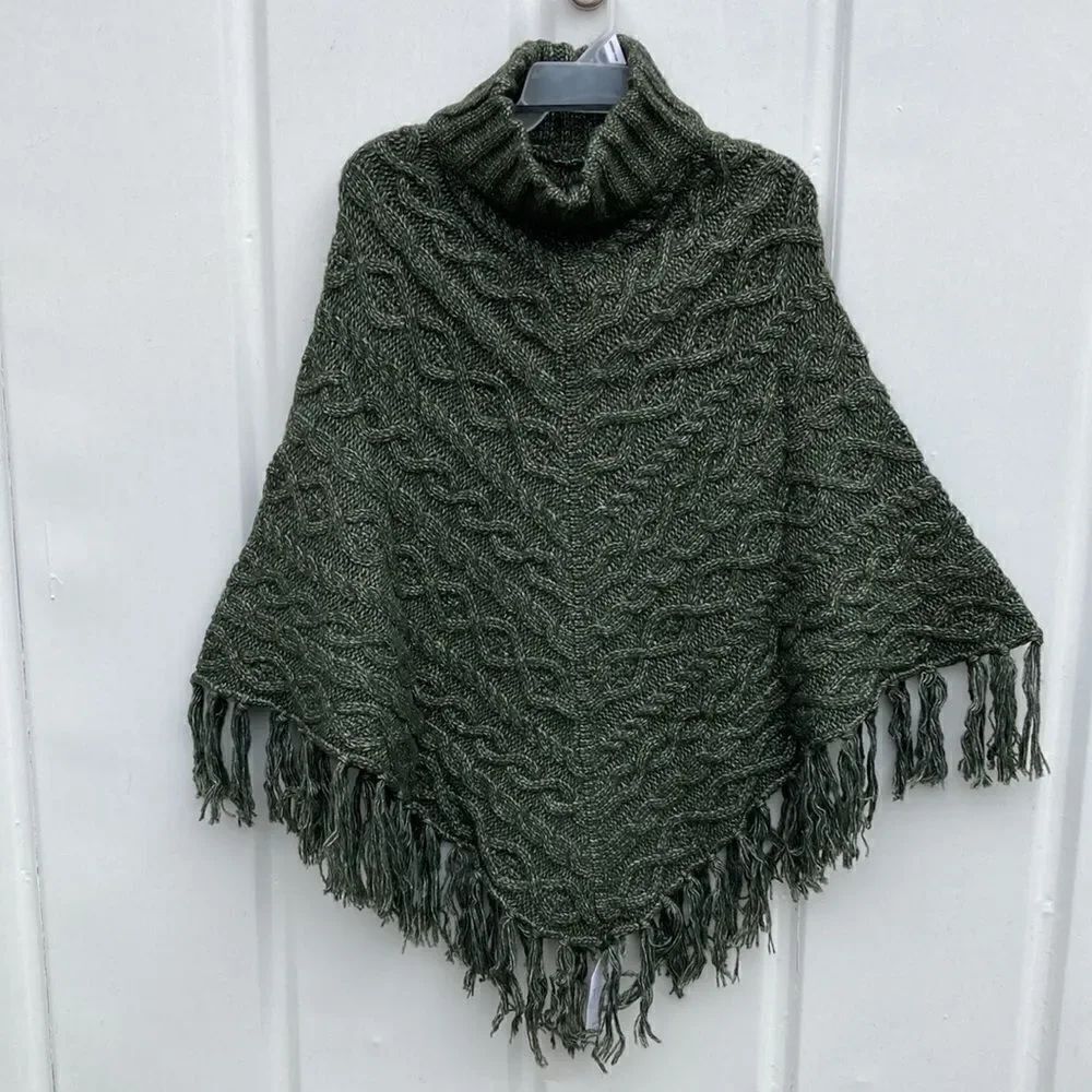 Women's Cowl Neck Fringe Cable Knit Poncho Sweater Coat Jacket